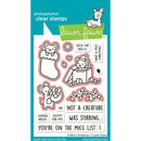 Lawn Fawn photopolymer clear stamps featuring Christmas mouse-themed designs, including a stocking, gift box, candy canes, and holiday phrases, shown on the product card.