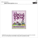 A product listing graphic for a 'giant hocus pocus' card design sample by Baker Brand. The central product is a rectangular card featuring a lavender background, large purple 'Hocus Pocus' lettering, and cartoon cats with potion bottles and a cauldron.
