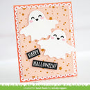 A handmade Halloween greeting card featuring two cute white ghost cutouts with smiling faces, pink cheeks, and gold star confetti on a peach and orange layered card. Two black banner tabs read 'HAPPY HALLOWEEN!'.