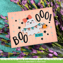 A handmade Halloween greeting card featuring a cute ghost with a pink bow, black stars, and the words 'BOO!', 'OOO!', and 'to you!' on a peach background, styled with purple flowers.
