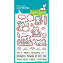 Lawn Fawn photopolymer clear stamps sheet featuring cartoon cats with potion bottles, books, and magical phrases, shown on a teal and white product card.