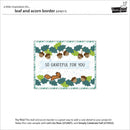 A product information card for a scrapbooking paper design by Paper Routes, titled 'leaf and acorn border (LF4211)'. The card displays a cute autumn-themed border design with acorns, squirrels, and the text 'SO GRATEFUL FOR YOU' on a white background with a light blue center banner.
