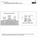 A product preview sheet for a 'cozy dogs christmas add-on' by the brand Paper Dog Studio. The sheet features two black-and-white cartoon card designs with cute illustrated dogs and cats wearing Santa hats, with speech bubbles reading 'WISHING YOU A HAPPY CHRISTMAS!' and 'WISHING YOU A PAWSOME WINTER!'.