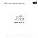A product information card for a sentiment stamp set. The card shows a sample stamp design featuring a line drawing of a sitting dog and a sleeping dog with speech bubbles and the text 'Sorry Things Have Been Puff'.