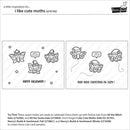 A product sheet showing two black-and-white line-art card designs with cute moths in witch and Santa hats, plus text reading 'Happy Halloween!' and 'May your Christmas be cozy!'. The sheet includes the title 'I like cute moths (LF4192)', a 'Build-a-Gift' logo, and small watermark text across the page.
