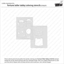 A product information card for 'fortune teller tabby coloring stencils' by Lawn Fawn, showing two gray stencil templates with cute animal and food shapes, accompanied by instructions and branding.