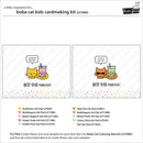 A product listing graphic for the Boba Cat Kids Cardmaking Kit (LF3980), showing two sample card designs with cartoon cats and bubble tea cups, along with a list of included ink pads and a brand logo for Boverie Goods.