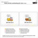 A product listing graphic for Boba Cat Kids Cardmaking Kit: Mini (LF3981), showing two sample card designs with cartoon cats and tea cups, plus a list of included ink pads and a brand logo at the top right.
