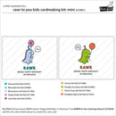 A product information graphic for the 'raw to you kids cardmaking kit: mini' (LF3991). The graphic shows two sample dinosaur birthday cards with color-coded ink pads and a list of included ink colors at the bottom.