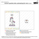 A product information sheet for the Unicorn Sparkles Kids Cardmaking Kit: mini (LF3993), showing a sample card design with a cartoon unicorn and text, plus a second sample card with the word 'oliva'. The sheet includes a color list for the included ink pads and a note about coloring stamped images from Unicorn Sparkles Kids Cardmaking Kit (LF3637).