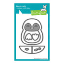 Lawn Fawn custom craft dies set featuring a Big Hugs Penguin design, shown as metal die cut shapes on a teal and white retail card.