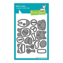 Lawn Fawn custom craft dies set titled 'lawn cuts' on a teal and white card. The card shows multiple gray die shapes for cutting out dog-themed pieces, with the Lawn Fawn logo at the top and product text at the top left and bottom.