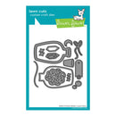 Lawn Fawn custom craft dies set in a Build-A-Potion Bottle design, shown as a gray metal die template on a white card with a teal and green Lawn Fawn branded header.