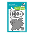 Lawn Fawn custom craft dies set for Happy Ghost Tag, featuring a gray ghost-shaped die and a ghost tag-shaped die on a white card with a teal border.