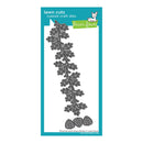 Lawn Fawn 'Pinecone and Leaves Border' custom craft dies set in a teal and white retail card package, showing the metal leaf and pinecone-shaped die cuts.