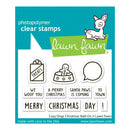 Lawn Fawn photopolymer clear stamps package featuring Christmas-themed stamp designs including a gift bag labeled 'TREATS', a gingerbread cookie with snowflakes, a speech bubble, and phrases like 'A MERRY CHRISTMAS' and 'MERRY CHRISTMAS DAY!'.