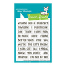 Lawn Fawn photopolymer clear stamps on a teal backing card, featuring cat-themed phrases like 'Wishing you a purrfect pawsome! Purrdayth!' and 'A cool cat all I knead / meow you doin? and forever I'9m kitten'.