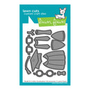 Lawn Cuts custom craft dies packaging with gray die-cut shapes on a blue and green background