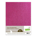 A package of Lawn Fawn sparkly cardstock in the shade 'magenta'. The product consists of five sheets of heavy glitter cardstock, shown as a square sample of bright magenta glitter.