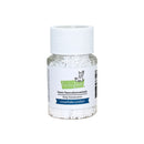 A small clear plastic jar filled with white snowflake confetti, featuring a white ribbed cap and a white label with the brand 'Lawn Fawn' and product name 'tiny treasures'.