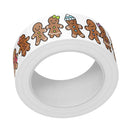 A roll of white tape printed with a repeating pattern of cute gingerbread people in different outfits, shown on a plain white background.
