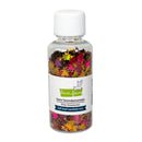A clear plastic bottle with a white cap containing a mix of colorful fall leaf confetti. The label reads 'lawn fawndamentals tiny treasures fall leaf confetti mix' and shows the Lawn Fawn brand logo.