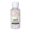A clear plastic bottle with a white cap containing 'lawn fawndamentals tiny treasures iridescent stars confetti' by Lawn Fawn, filled with shimmering white glitter and multicolored star pieces, on a white background.