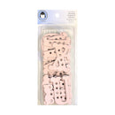 A package of light pink wooden alphabet chipboard, shown in clear plastic packaging with a white and blue header card.
