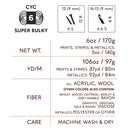 A product information card for CYC Super Bulky Yarn, showing the brand logo, size information for 6 and 9 mm cones, weight details for 6 oz (170g) and 10.6 oz (97g), fiber composition, and care instructions.