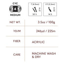 Yarn label with specifications including weight, length, fiber type, and care instructions.