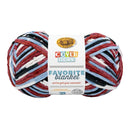 Ball of yarn with a Lion Brand label on a white background