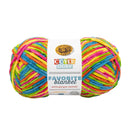 Colorful ball of yarn with a Lion Brand label on a white background