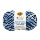 Blue and white striped yarn ball with a Lion Brand Yarns label on a white background