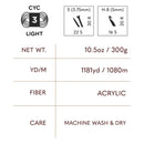 Yarn label with specifications including weight, length, fiber type, and care instructions.
