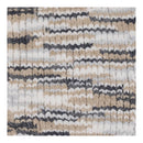 Textured area rug with a pattern of beige, gray, and white stripes on a white background