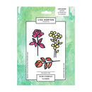 Lisa Horton Crafts 'More Scribbled Flowers' stamp set in its original green watercolor backing card packaging, featuring three floral designs: a pink rose, yellow flowers, and orange leaves.