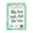 Lisa Horton Crafts double layered stamp and die set featuring six positive phrases: 'Sending a little thank you so much', 'smile you're amazing!', 'to a great friend', 'wishing you well', 'birthday wishes', and 'thank you so much'.
