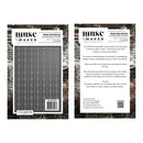 Front and back views of a Muse Maker 3D Enabling Folder card set, featuring a black and white geometric bead pattern on the front and detailed instructions on the back, set against a dark wood background.