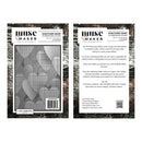 Two matching embossing folder sheets shown side by side on a dark wood background. The folders are white with black and gray geometric heart patterns and printed text including the brand name 'Muse Maker' and product name 'Scratched Heart 3D Embossing Folder'.