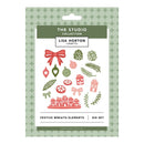 Lisa Horton Crafts 'The Studio Collection' Festive Wreath Elements die set in its original packaging. The package features a light green patterned border and a white center displaying various illustrated Christmas wreath components like red and green bows, pinecones, ornaments, and small houses.