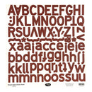 A sheet of decorative alphabet stickers in a dark reddish-brown color, featuring uppercase and lowercase letters, numbers, and decorative symbols on a white background.