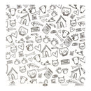 A sheet of scrapbooking paper featuring a repeating hand-drawn doodle pattern of dog houses, dog heads, hearts, bones, paw prints, fish, and food bags in black on a white background.