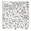 A sheet of decorative cardstock featuring black hand-drawn style illustrations of hearts, cupcakes, birds, and romantic phrases like 'love', 'always', 'as you wish', and 'XOXO' on a white background.