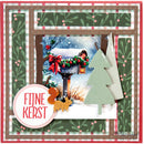 A square layered scrapbook card featuring a festive Christmas scene with a decorated mailbox, snow, evergreen trees, and two wooden squirrels. One squirrel is part of a circular pink label that reads 'FJNE KERST' in red letters.