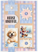 A handmade paper craft card or scrapbook layout featuring a golden puppy, a teddy bear in the snow, decorative star and flower cutouts, and the text 'KERST KNUFFEL' on a beige background with blue and pink plaid borders.