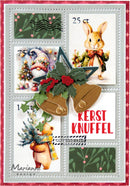 A square Christmas stamp album page featuring multiple vintage-style Easter bunny postage stamps, a green pine branch, brown boot-shaped ornaments, red holly leaves, and the German text 'KERST KNUFFEL'. The page has a gray border with a red patterned outer edge and the brand name 'Marianne design' in the lower left.