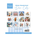 Marianne Design 'Winter Wonderland' die-cut sticker pack, featuring a 12-piece set of winter-themed illustrations including a deer, cozy houses, snowmen, and Santa Claus, presented on a white card with blue branding.