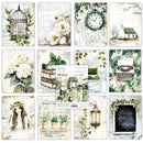 A collage of 12 vintage-style art prints and a central product card showing a scrapbooking paper pack. The designs feature white roses, a birdcage, a clock, a small cottage, a typewriter, books, potted plants, a girl with a flower crown, and a lantern, all in a soft beige and green watercolor aesthetic.