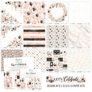 A collage showing multiple coordinated paper design sheets and printed card/mockup pages from a party decoration set. The designs feature blush pink, black, white, and gray patterns including balloons, florals, stripes, polka dots, marble, script, and party signage.