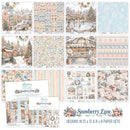 A collage showing multiple printed paper designs and pattern sheets from Snowberry Lane, featuring winter scenes, floral patterns, stripes, snowflakes, and decorative labels. The bottom text reads 'Snowberry Lane DESIGNS IN 12 x 12 & 8 x 8 PAPER SETS'.